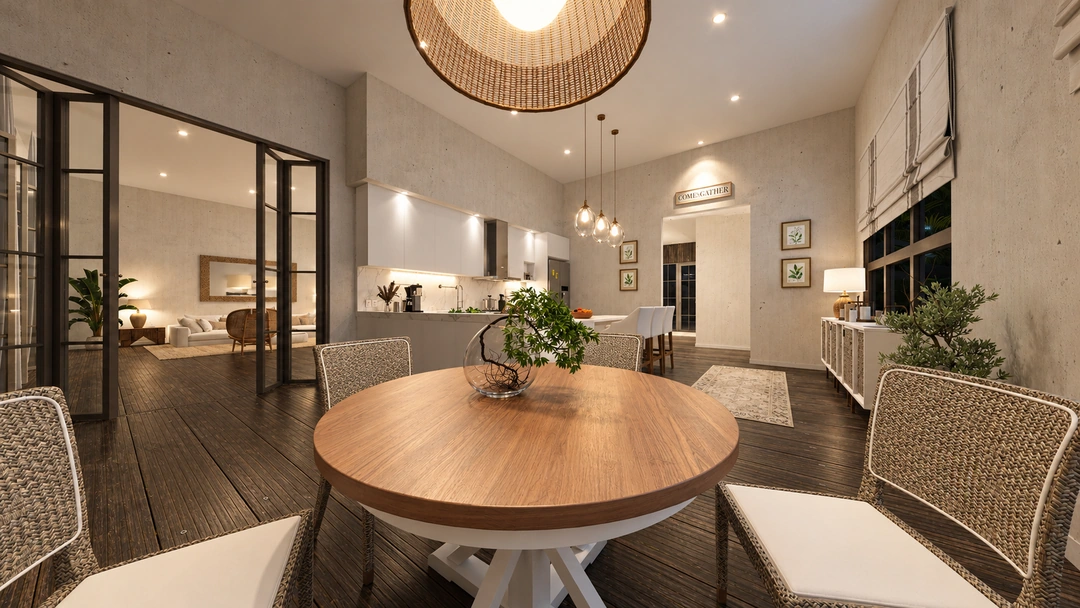 Round dining table surrounded by upholstered chairs — Rancho Palos Verdes, CA, Studio Dalika; project view 29