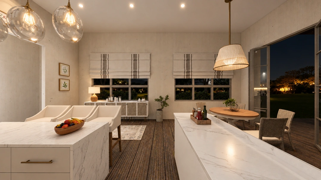 Kitchen island with a pale stone surface at night — Rancho Palos Verdes, CA, Studio Dalika; project view 30