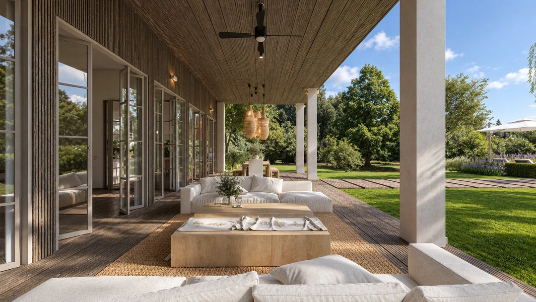 Covered terrace and timber-framed garden windows — Rancho Palos Verdes, CA, Studio Dalika