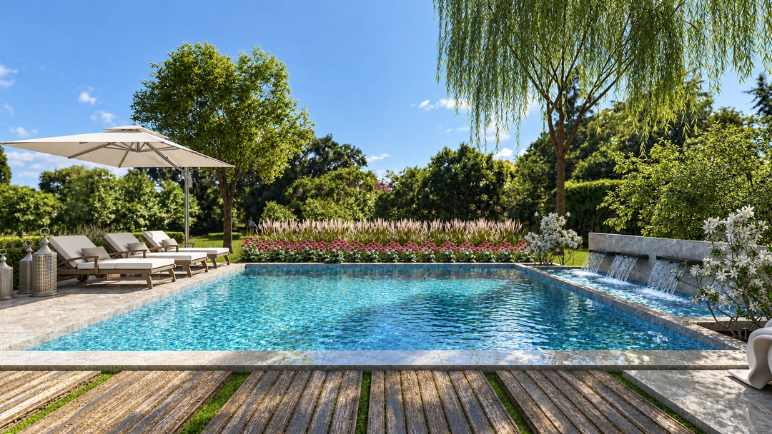 Swimming pool and landscaped garden in daylight — Rancho Palos Verdes, CA, Studio Dalika; project view 4