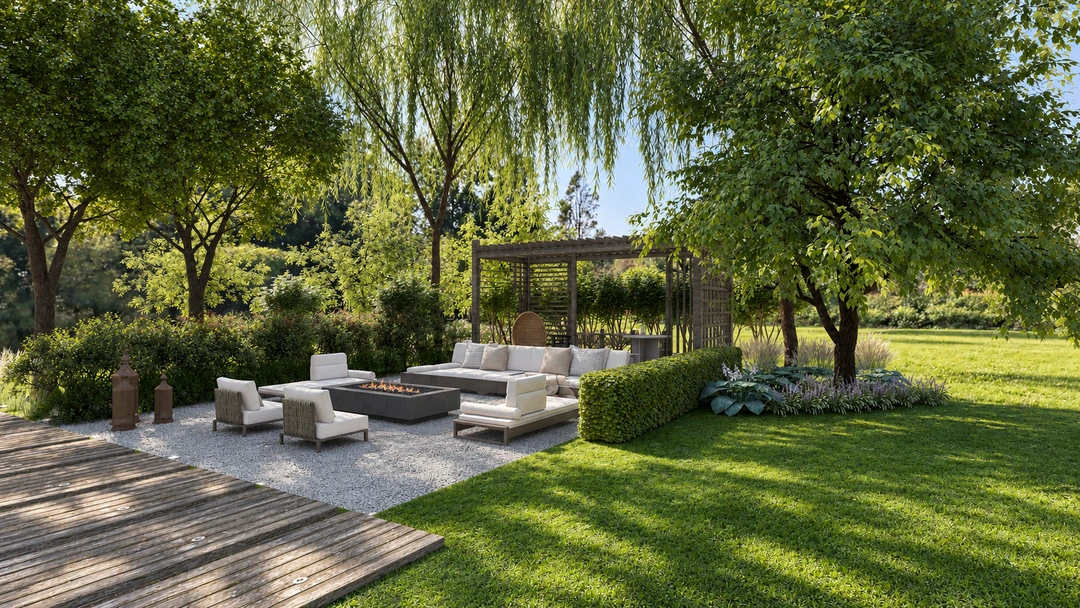 Garden seating beside a broad lawn — Rancho Palos Verdes, CA, Studio Dalika; project view 7