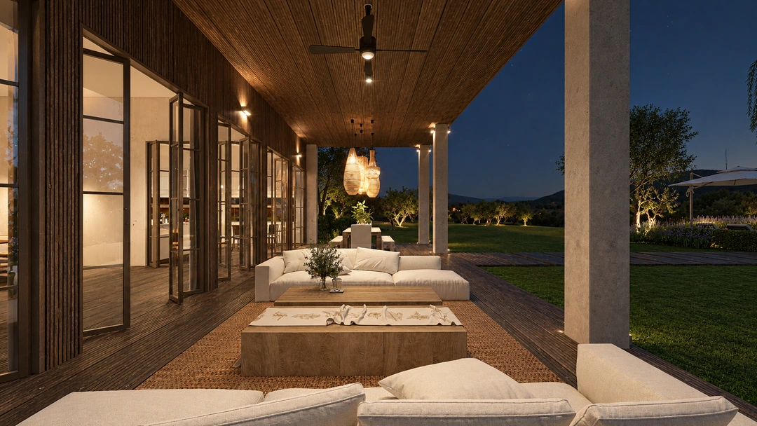 Covered terrace with sun loungers at night — Rancho Palos Verdes, CA, Studio Dalika; project view 8