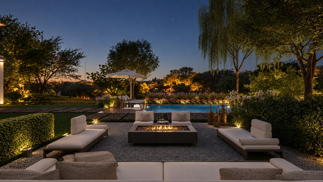 Garden lounge beneath mature trees at night — Rancho Palos Verdes, CA, Studio Dalika; project view 9