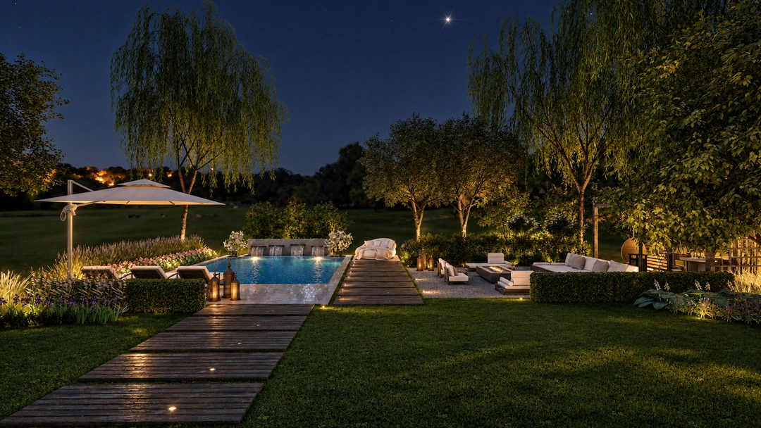 Pool terrace and garden lighting at night — Rancho Palos Verdes, CA, Studio Dalika; project view 10