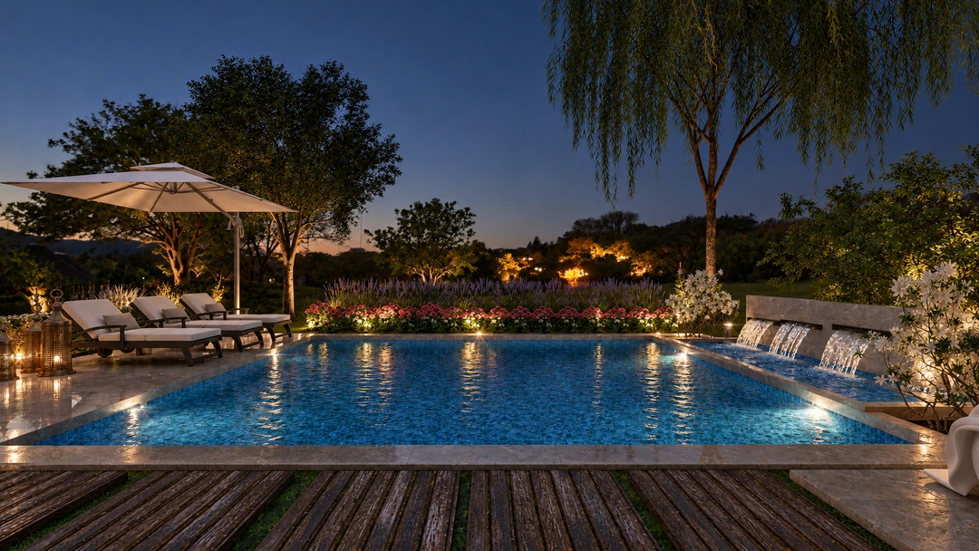 Swimming pool bordered by palms at night — Rancho Palos Verdes, CA, Studio Dalika; project view 11
