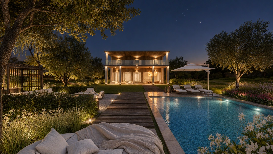 Pool and illuminated residence after sunset — Rancho Palos Verdes, CA, Studio Dalika; project view 12