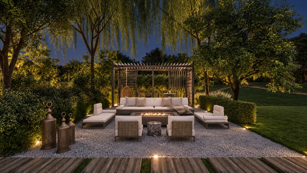 Garden lounge and planted borders at night — Rancho Palos Verdes, CA, Studio Dalika; project view 13