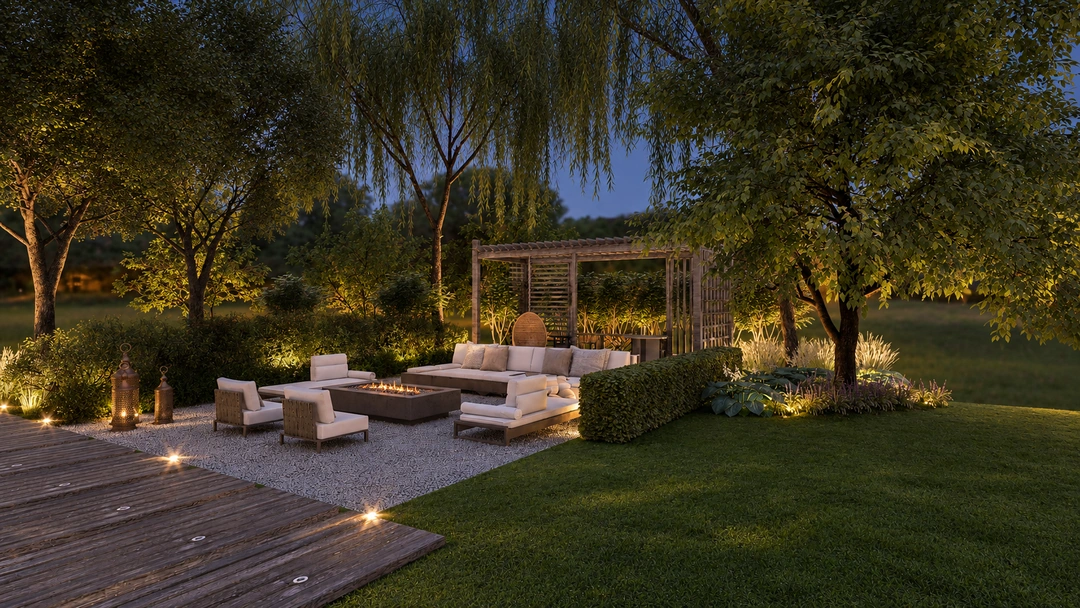 Outdoor seating beneath trees at night — Rancho Palos Verdes, CA, Studio Dalika; project view 14
