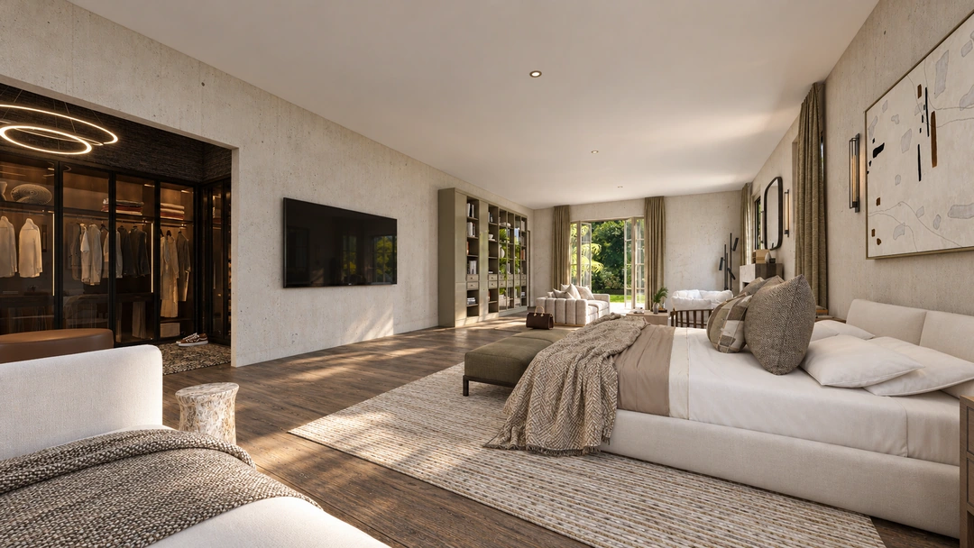 Bedroom with ottoman and bedside cabinets — Rancho Palos Verdes, CA, Studio Dalika; project view 3