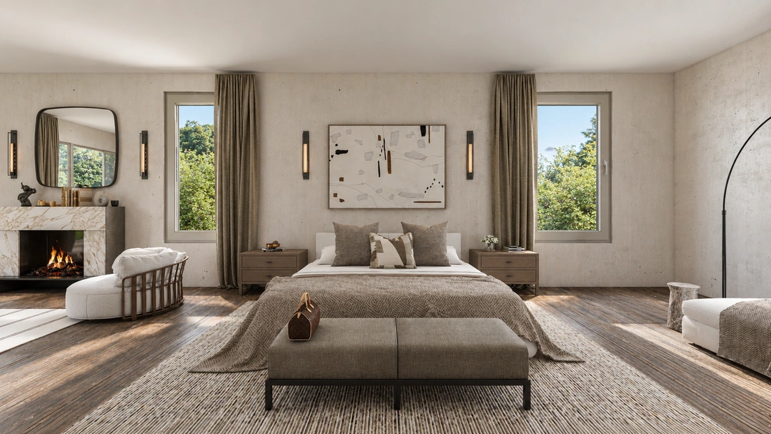 Bedroom and full-length mirror in daylight — Rancho Palos Verdes, CA, Studio Dalika; project view 4