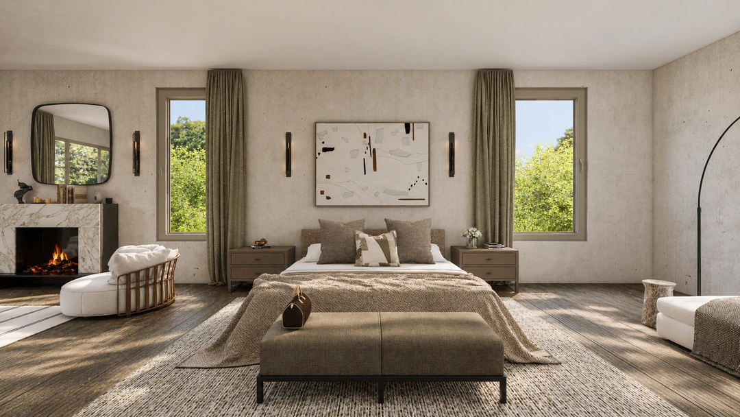 Pale upholstered bed in a sunlit bedroom — Rancho Palos Verdes, CA, Studio Dalika; project view 5