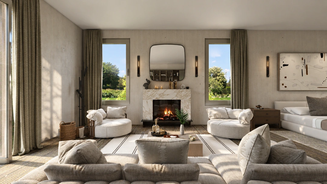 Fireplace and pale seating in a bright living room — Rancho Palos Verdes, CA, Studio Dalika; project view 6