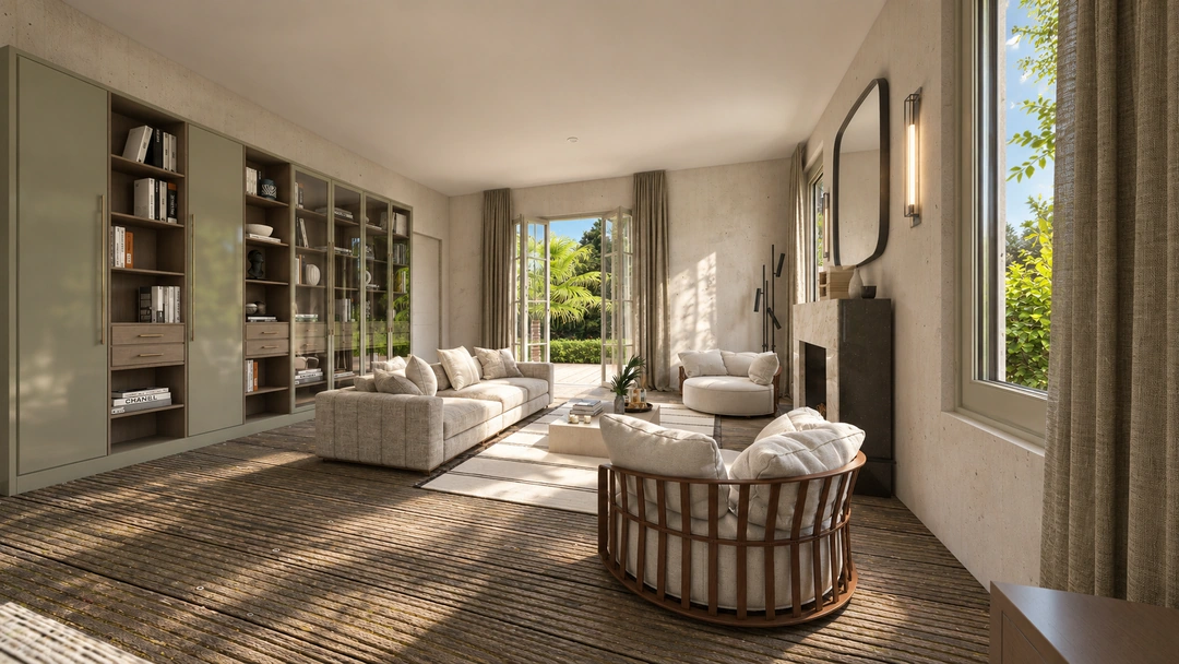 Living room with a round ottoman and bookcases — Rancho Palos Verdes, CA, Studio Dalika; project view 7