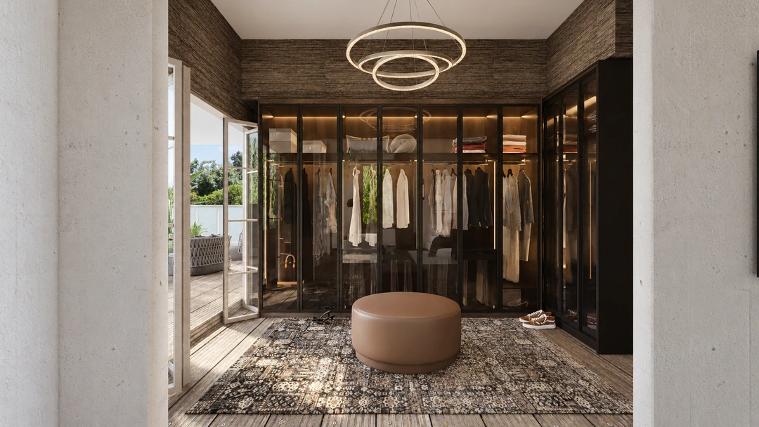 Walk-in wardrobe with glazed cabinet doors — Rancho Palos Verdes, CA, Studio Dalika; project view 8