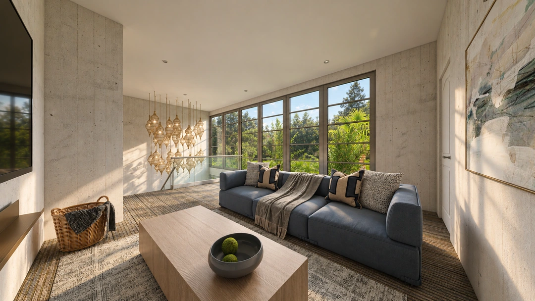 Blue sectional sofa beneath broad bedroom windows — Rancho Palos Verdes, CA, Studio Dalika; project view 10