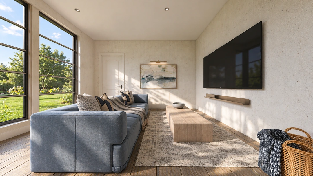 Bedroom lounge with a blue sofa and media wall — Rancho Palos Verdes, CA, Studio Dalika; project view 11