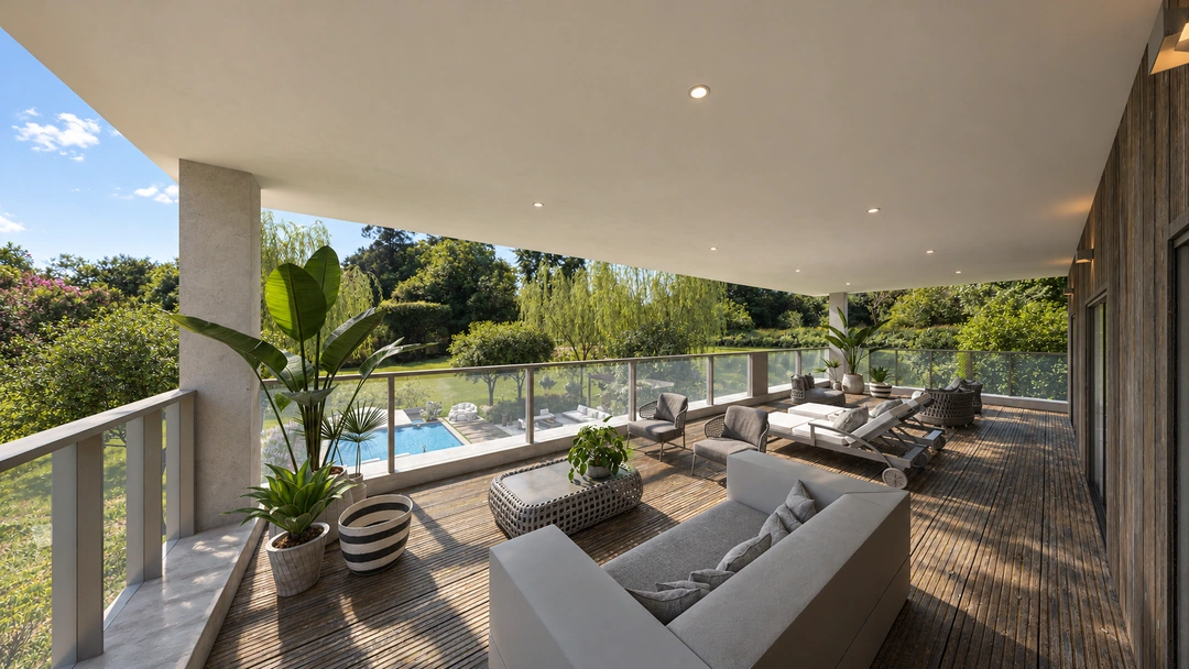 Covered terrace and garden seating in daylight — Rancho Palos Verdes, CA, Studio Dalika; project view 12