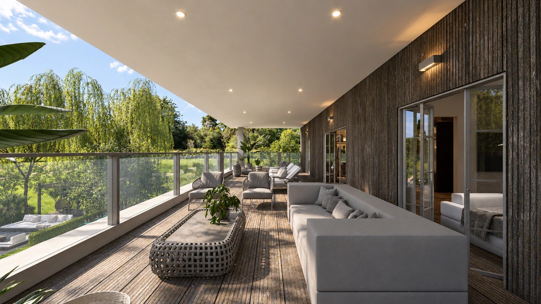 Garden-facing terrace with a covered seating area — Rancho Palos Verdes, CA, Studio Dalika; project view 13