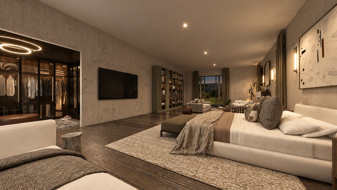 Bedroom and round ottoman at night — Rancho Palos Verdes, CA, Studio Dalika; project view 15