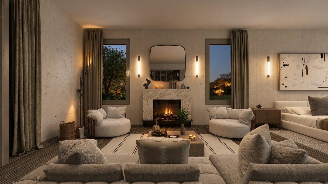 Living room facing a white fireplace at night — Rancho Palos Verdes, CA, Studio Dalika; project view 16