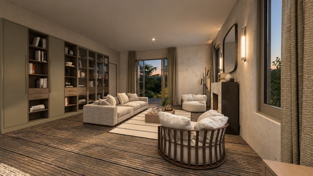 Living room and built-in bookcases at night — Rancho Palos Verdes, CA, Studio Dalika; project view 17