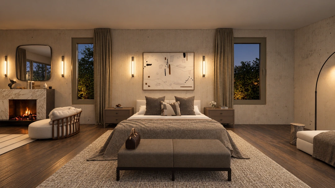 Upholstered bed and bedside lighting at night — Rancho Palos Verdes, CA, Studio Dalika; project view 18
