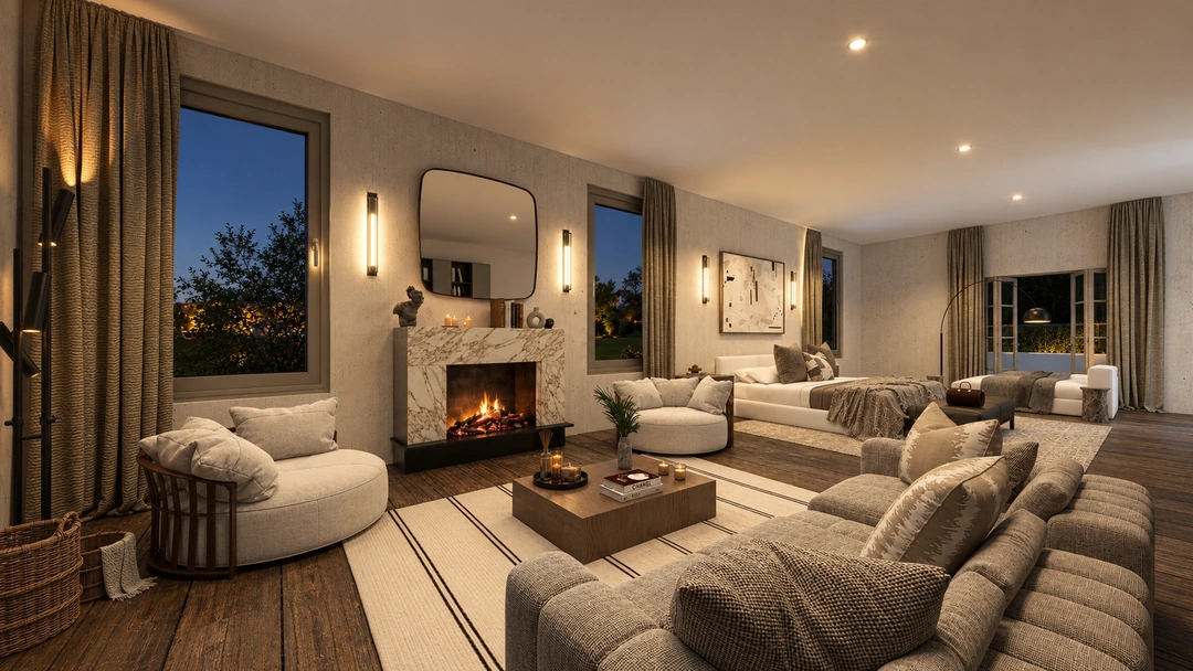 Living room with pale sofas at night — Rancho Palos Verdes, CA, Studio Dalika; project view 19