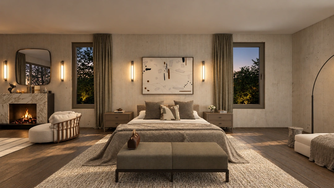 Bedroom with upholstered bed and vanity at night — Rancho Palos Verdes, CA, Studio Dalika; project view 20