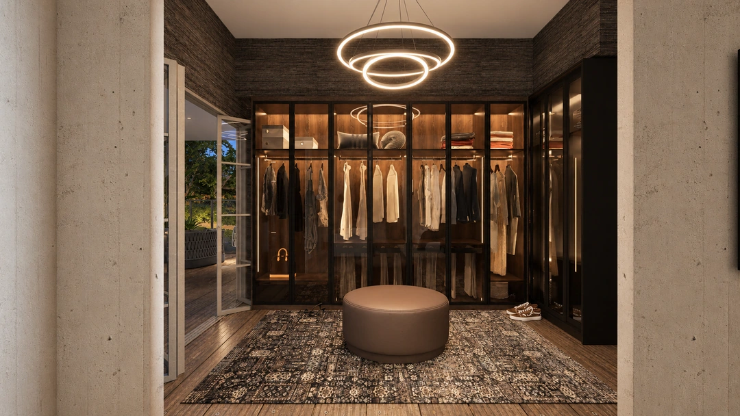 Walk-in wardrobe and circular ceiling light at night — Rancho Palos Verdes, CA, Studio Dalika; project view 21