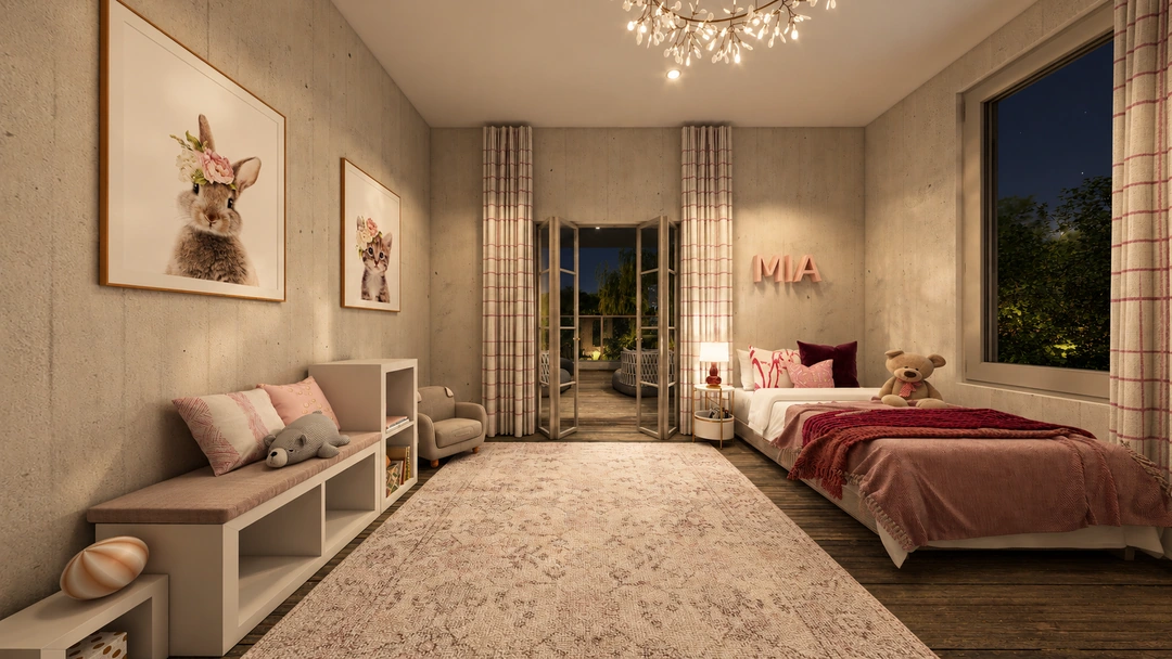 Bedroom with a pink chair and vanity at night — Rancho Palos Verdes, CA, Studio Dalika; project view 22