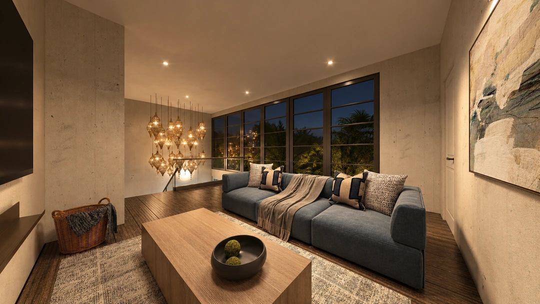 Living room with a blue sofa at night — Rancho Palos Verdes, CA, Studio Dalika; project view 23