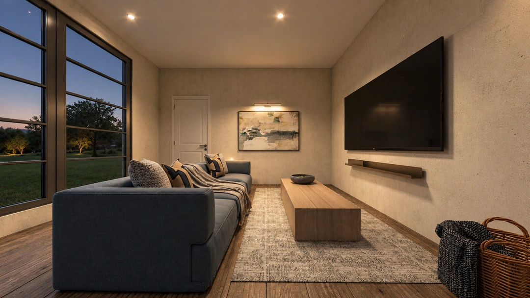 Bedroom lounge with a large media wall at night — Rancho Palos Verdes, CA, Studio Dalika; project view 24