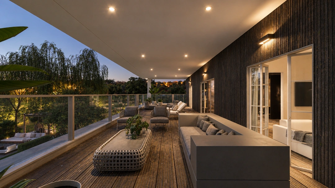 Terrace seating overlooking a garden at night — Rancho Palos Verdes, CA, Studio Dalika; project view 25