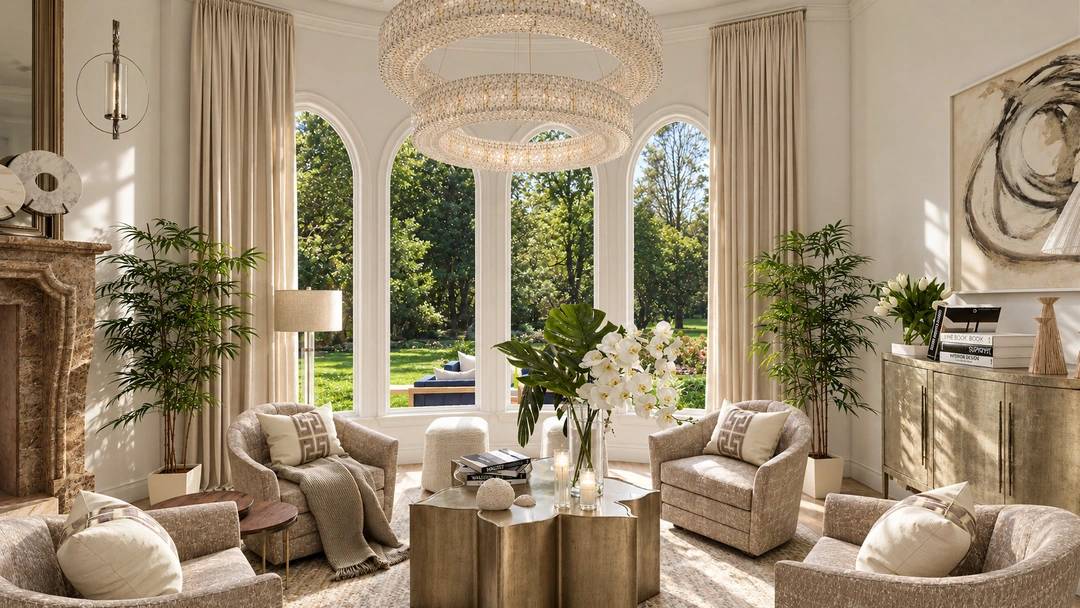 Pale living room with symmetrical armchairs — Davie, FL, Studio Dalika