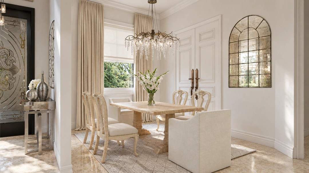 Round dining table beneath a chandelier — Davie, FL, Studio Dalika; project view 6