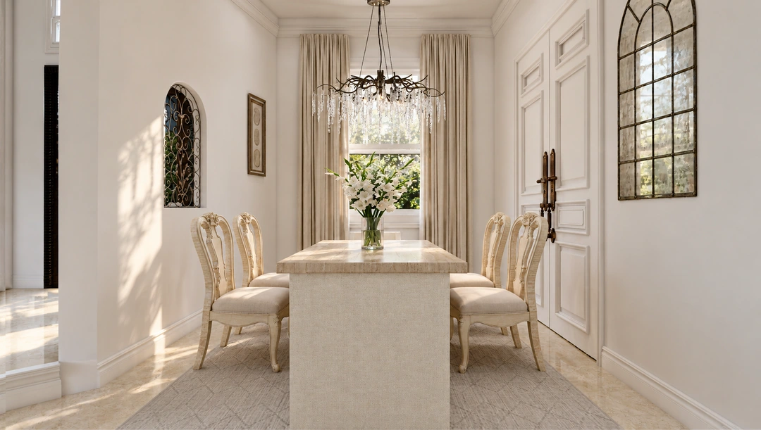Pale living room and arched mirrors in daylight — Davie, FL, Studio Dalika; project view 7