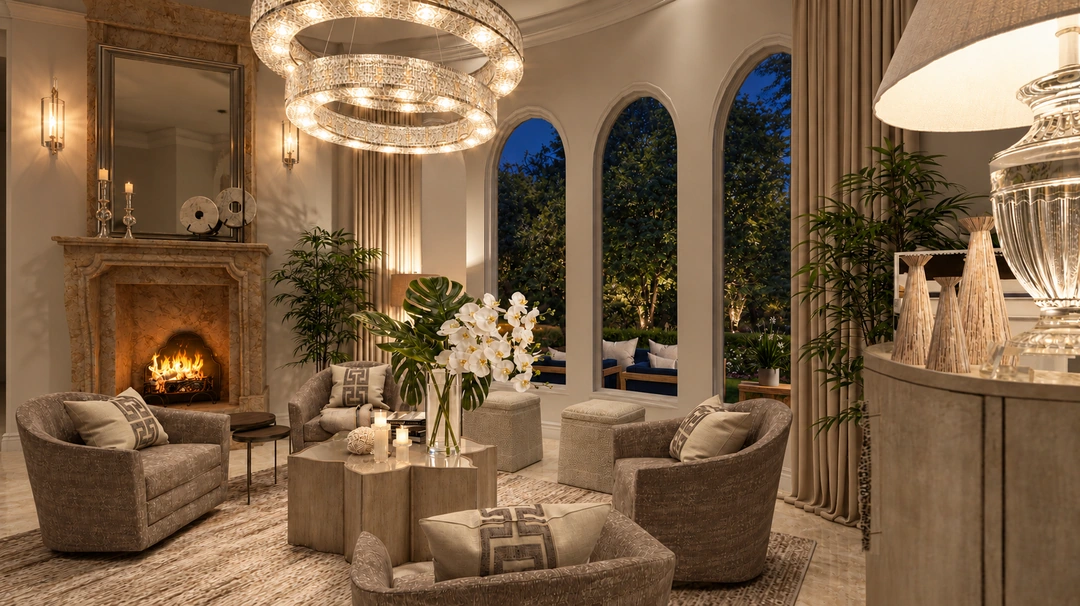 Classic living room and arched windows at night — Davie, FL, Studio Dalika; project view 8