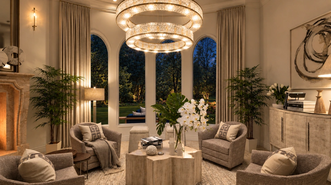 Ornate living room beneath a chandelier at night — Davie, FL, Studio Dalika; project view 9