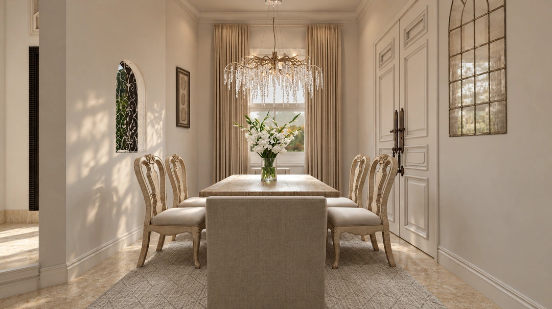 Long dining table beside tall arched windows — Davie, FL, Studio Dalika; project view 10
