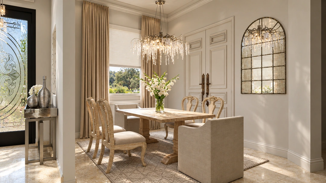 Round dining table and arched mirror — Davie, FL, Studio Dalika; project view 11