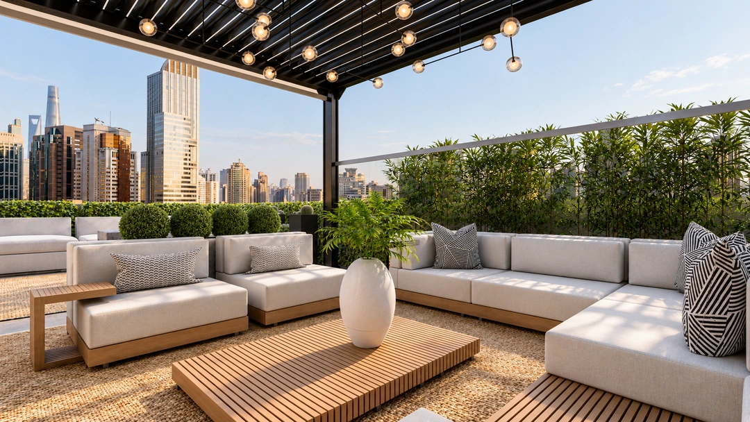 Rooftop seating and skyline views in daylight — New York, NY, Studio Dalika