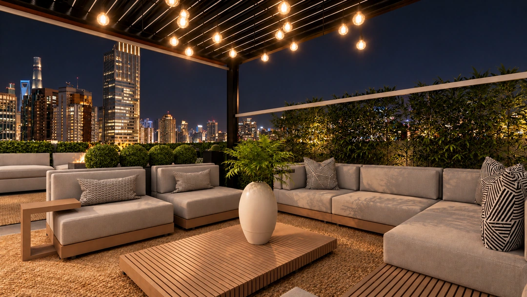 Rooftop terrace and pergola lighting at night — New York, NY, Studio Dalika; project view 3