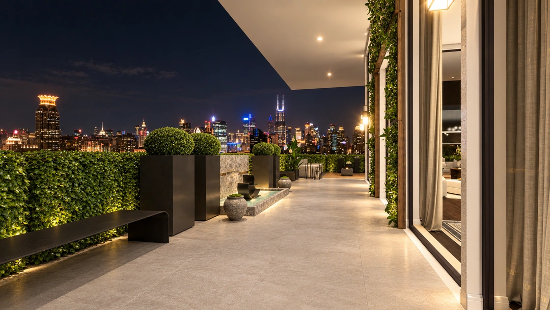 City-facing rooftop terrace with planted borders at night — New York, NY, Studio Dalika; project view 4