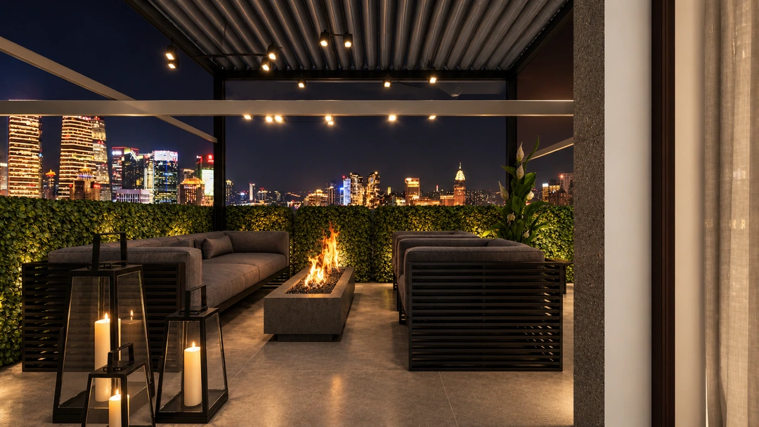 Outdoor dining beneath rooftop lighting at night — New York, NY, Studio Dalika; project view 5