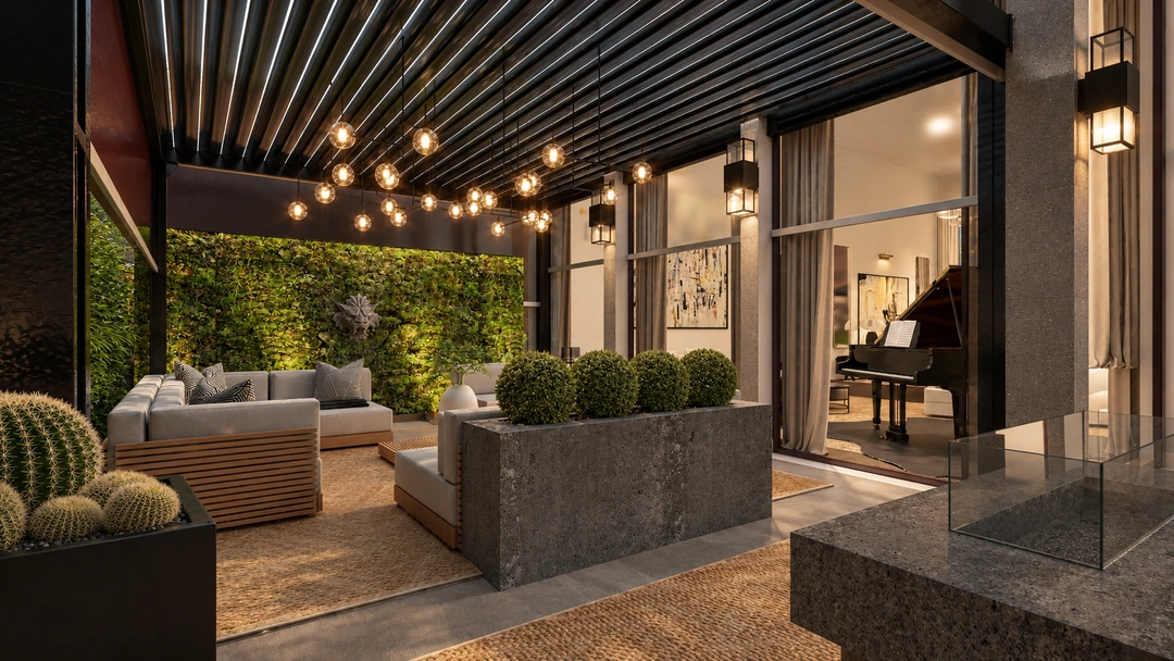 Rooftop lounge with hedge screening at night — New York, NY, Studio Dalika; project view 6