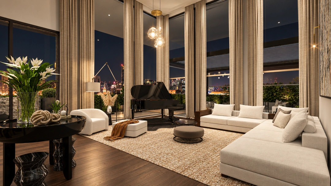 Tall-windowed living room and dark coffee tables at night — New York, NY, Studio Dalika