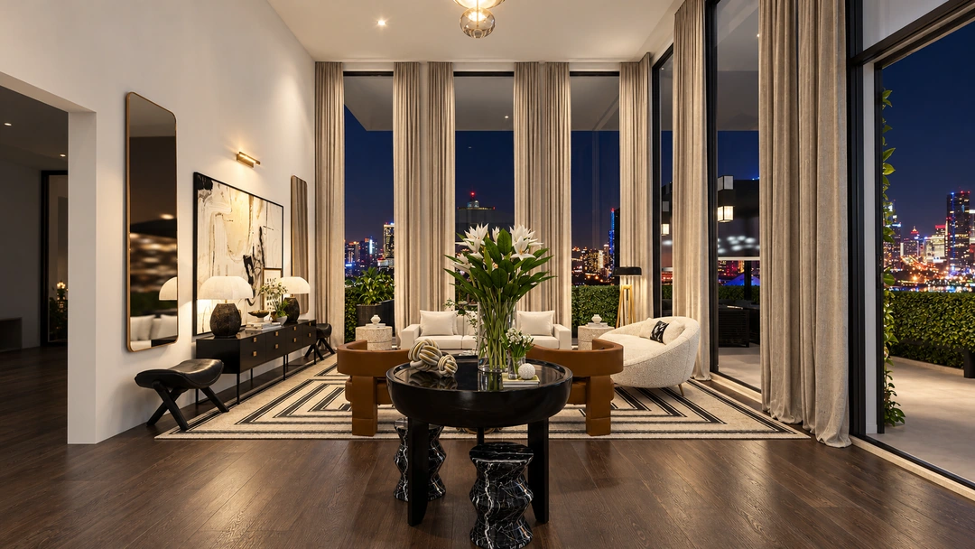 Seating area beside tall windows at night — New York, NY, Studio Dalika; project view 3