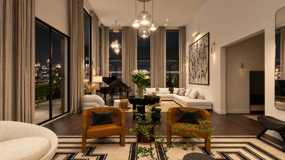 Dining table beneath delicate pendant lights — New York, NY, Studio Dalika; project view 4