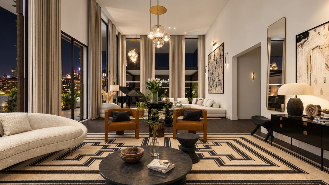Living room and geometric rug at night — New York, NY, Studio Dalika; project view 5