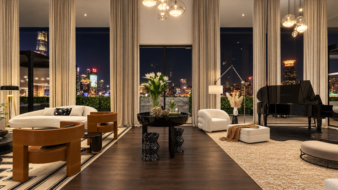 Living room and city-facing windows at night — New York, NY, Studio Dalika; project view 6